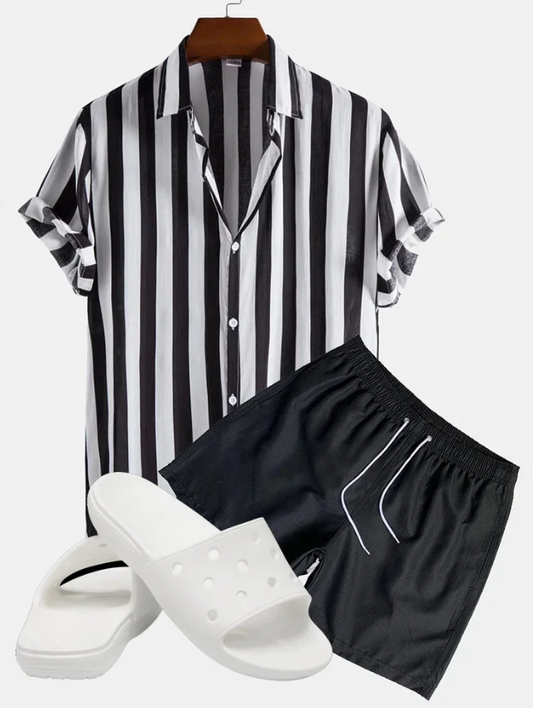 Wide Stripes Shirts & Swim Shorts & slippers