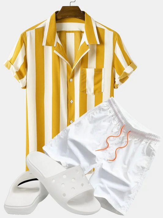 Stripes Casual Short Sleeve Shirts & Swim Shorts & Slippers