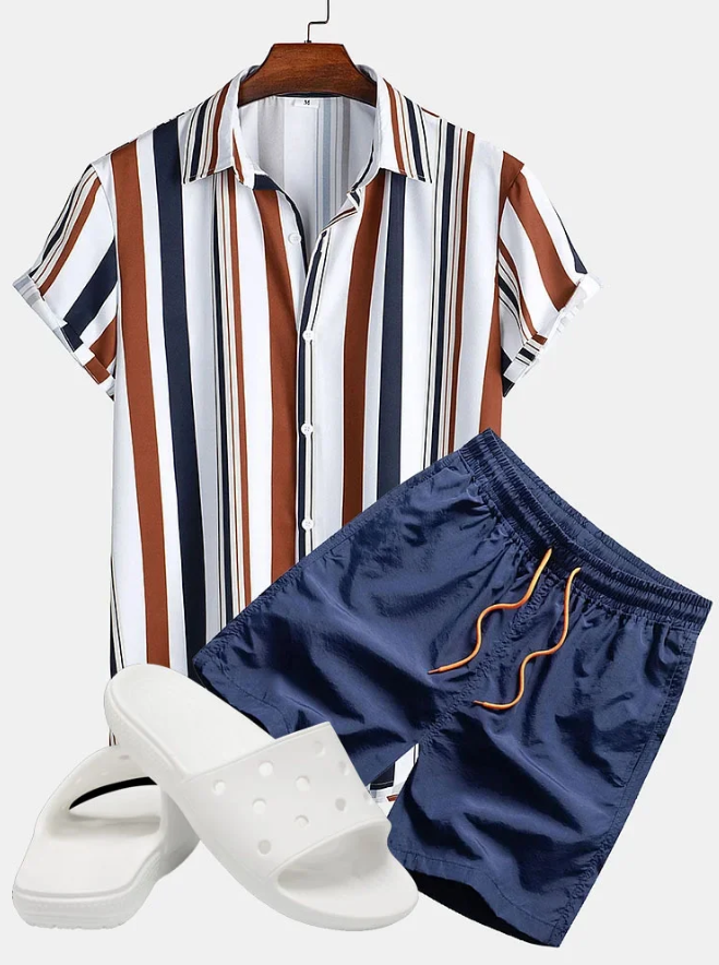 Colored Striped Print Shirt & Swim Shorts & slippers